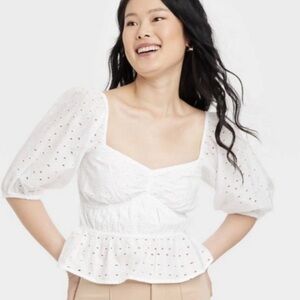 A New Day Eyelet White Puff Sleeve Peplum Eyelet Blouse women’s small NWT